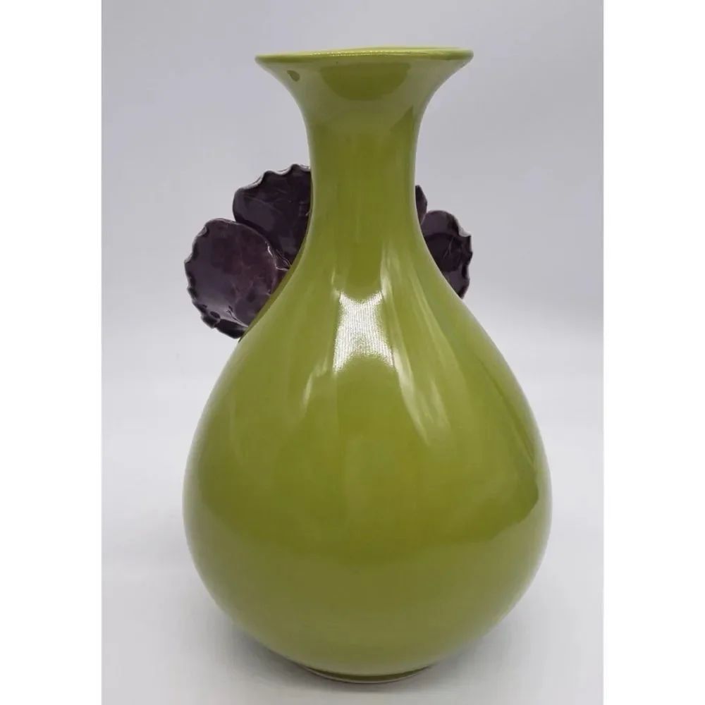 Anthropologie Rose of Sharon Grand Purple Flower On Olive Green Vase 9”x6”~ New - Picture 6 of 8